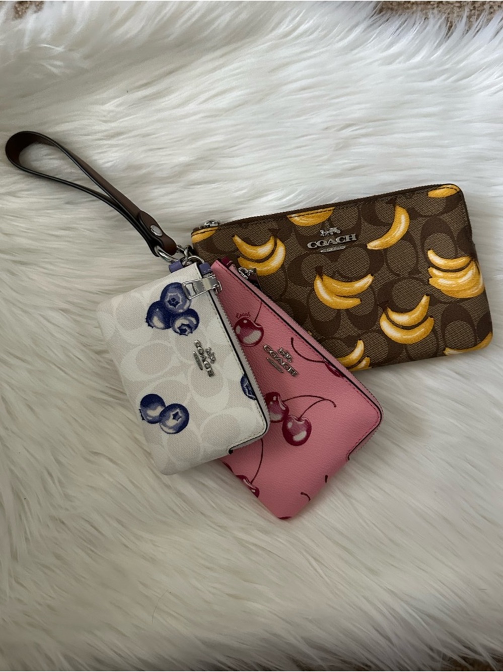 Coach Brown Banana, Pink Cherry & White Blueberry Wristlet Trio